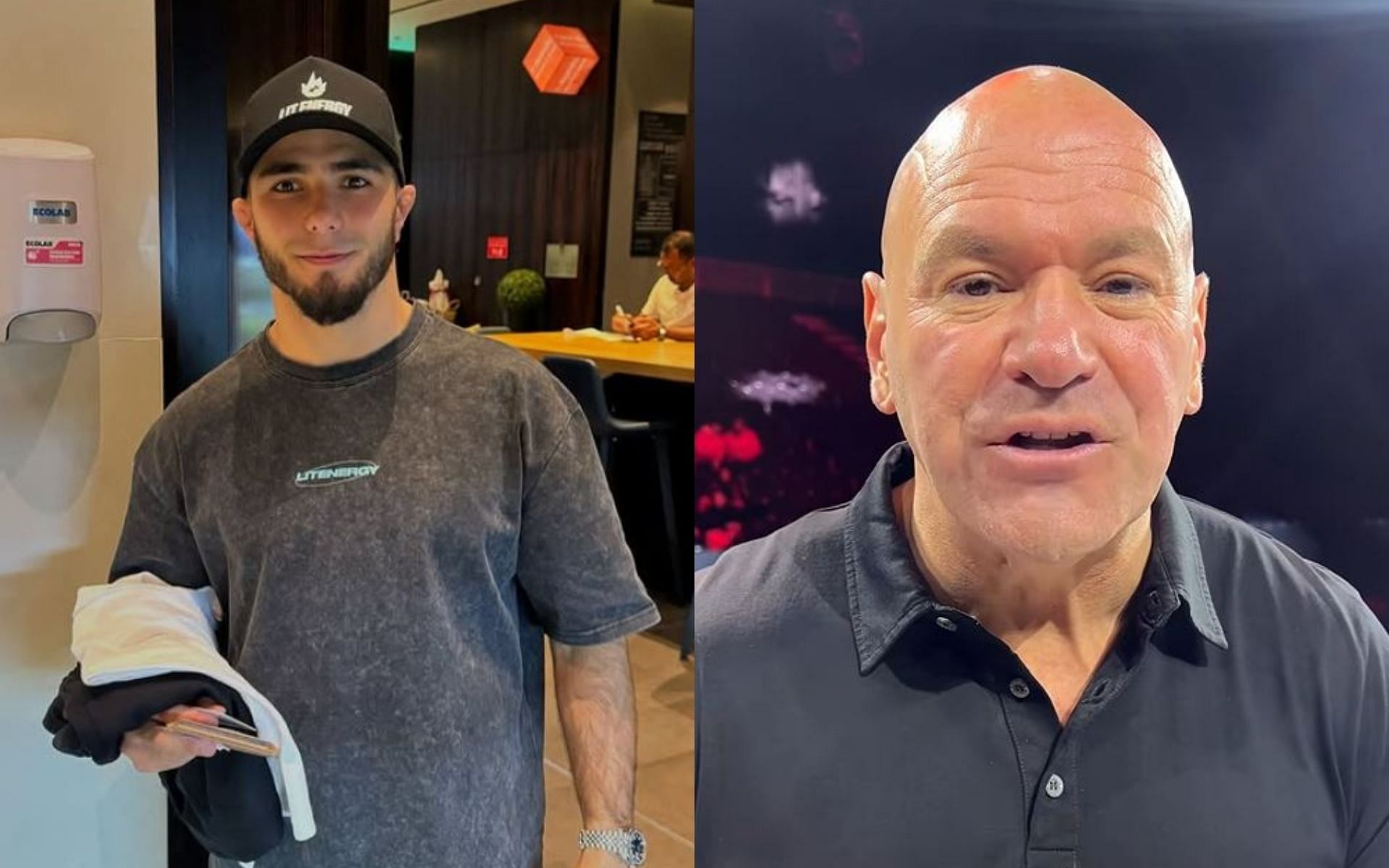 Muhammad Mokaev (lerft) talks about being in a Power Slap event with Dana White (right). [Image credit: @mokaev_muhammad, @danawhite on Instagram]