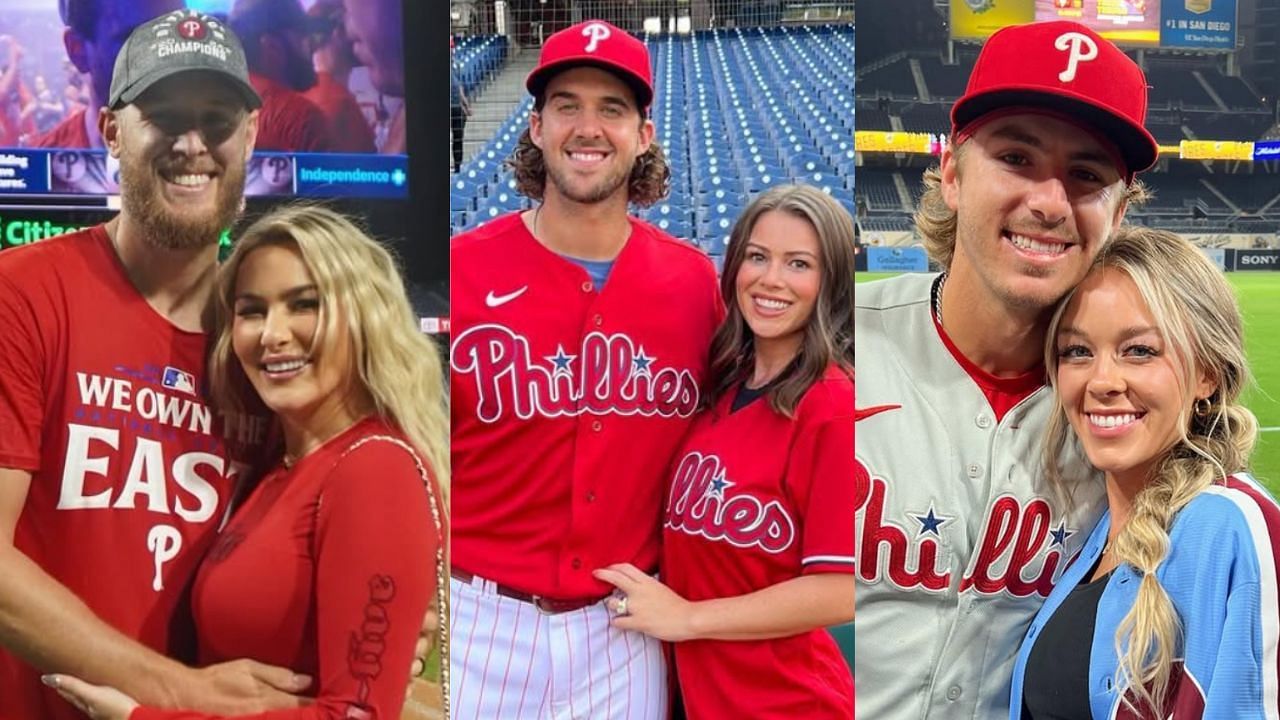 Zack Wheeler and his wife, Dominique (L), Aaron Nola and his wife Hunter (C), Bryson Stott and his wife Dru (R) (Images from - Instagram.com/@wheelerpro45, Instagram.com/@hunterjaydenola, Instagram.com/@drualexandra)