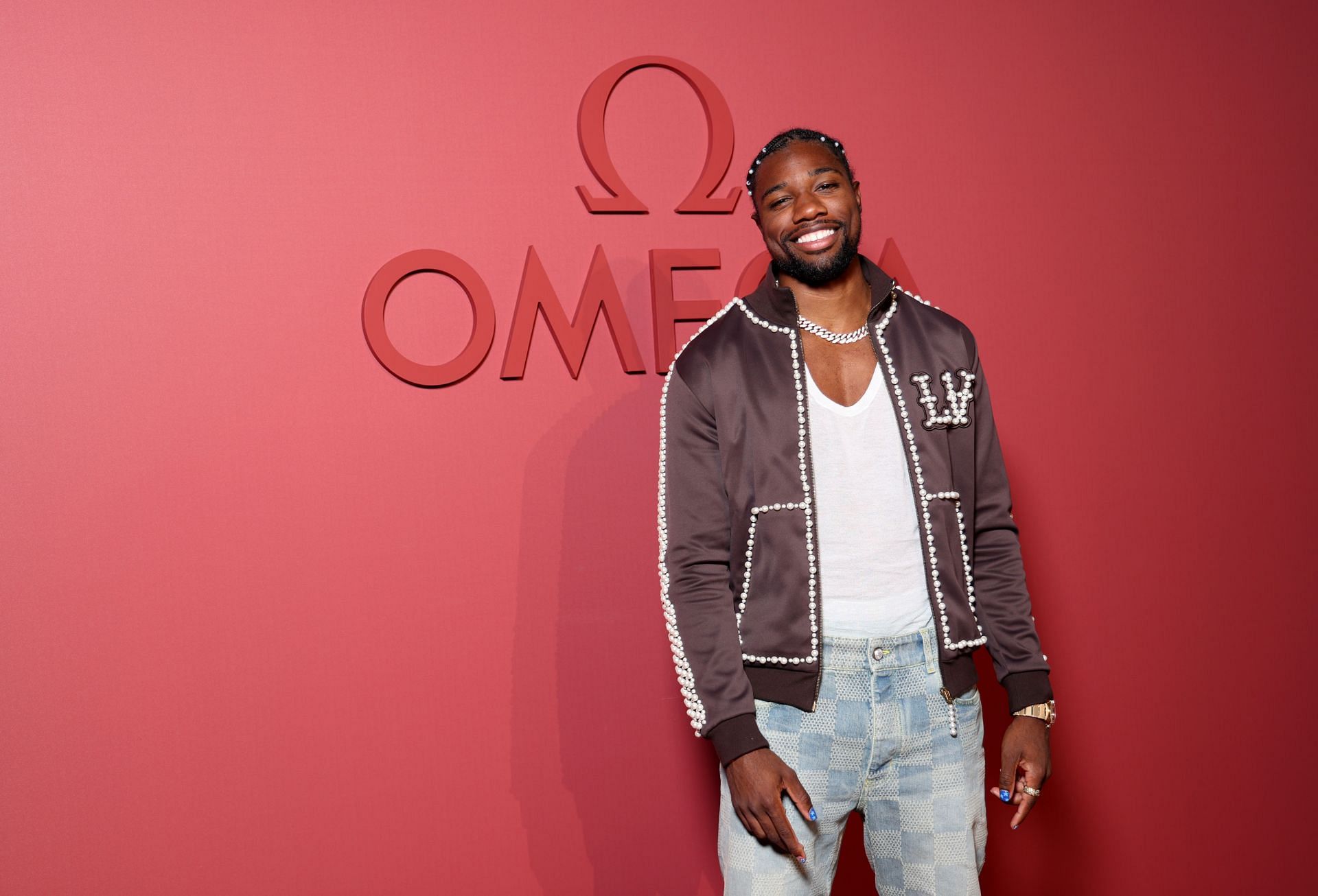 Noah Lyles makes an appearance on the red carpet at the OMEGA House in Paris 2024 - Closing Night - Source: Getty