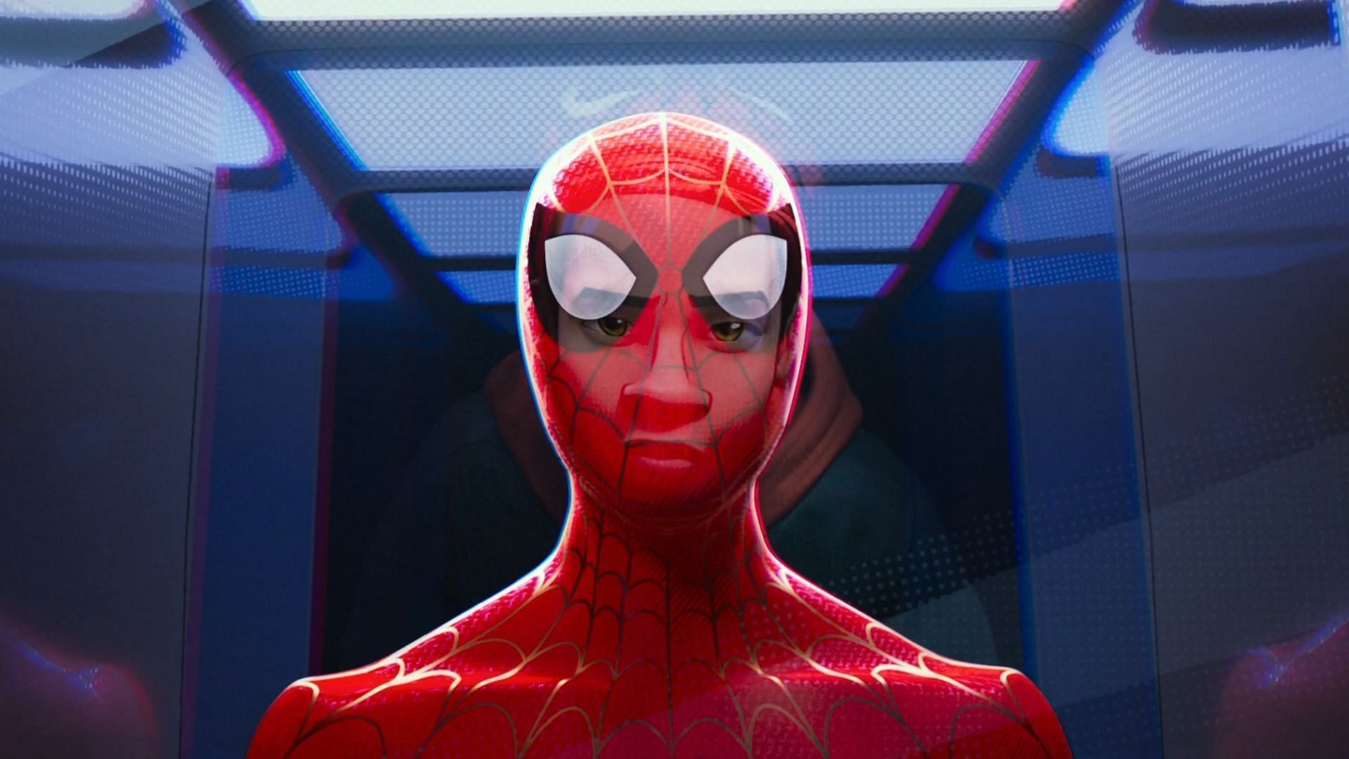 The Spiderman suit from Into the Spiderverse. (Image via Apple TV)