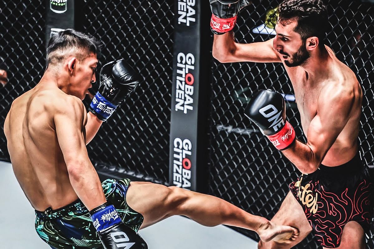 Masaaki Noiri delivering a leg kick to Shakir Al-Tekreeti at ONE 170. [Photo via: ONE Championship]