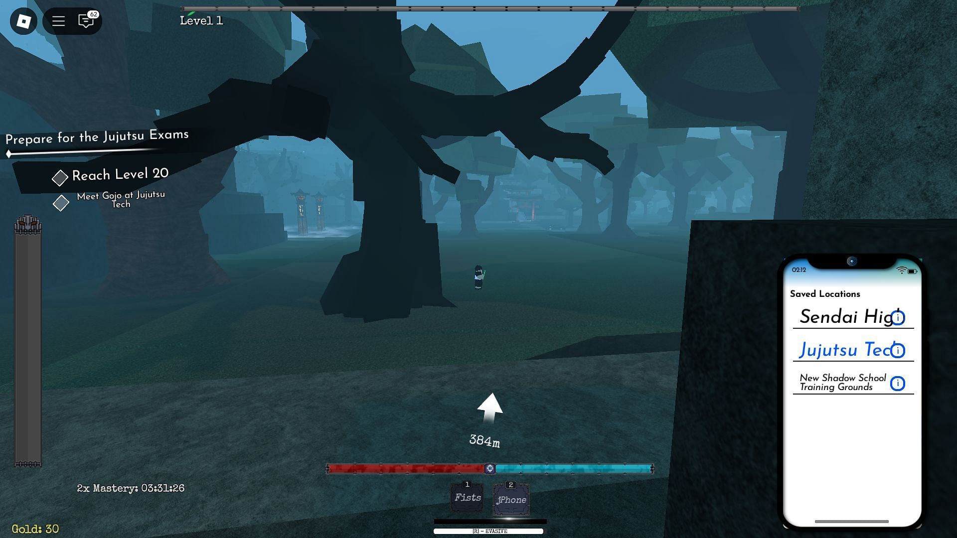 Find a dark tree without leaves near the Jujutsu Tech (Image via Roblox)