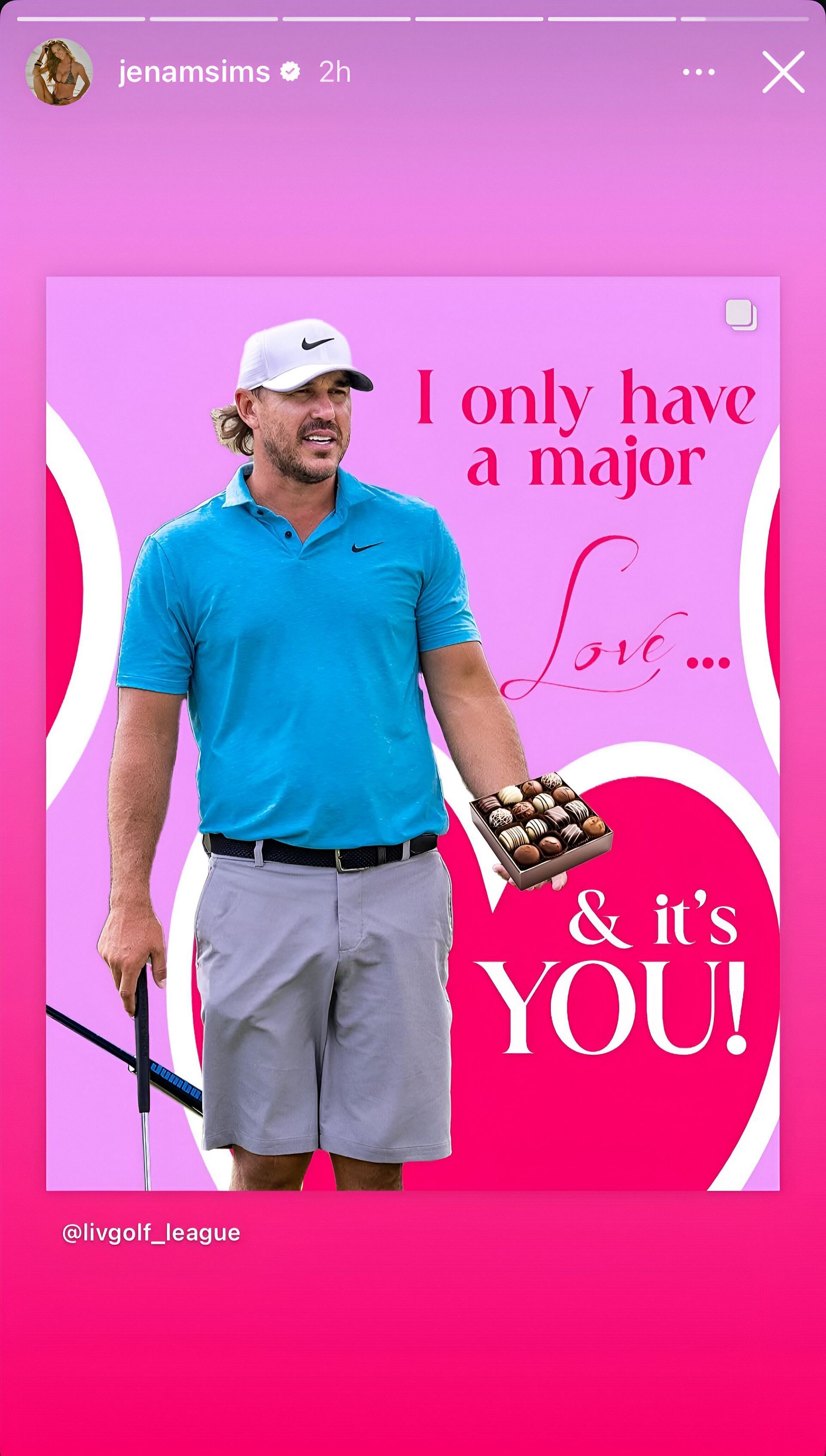 Jena Sims shares a special Valentine&rsquo;s Day message for Brooks Koepka. Image via Instagram @jenasims (https://www.instagram.com/stories/jenamsims/3567817382271112023/)