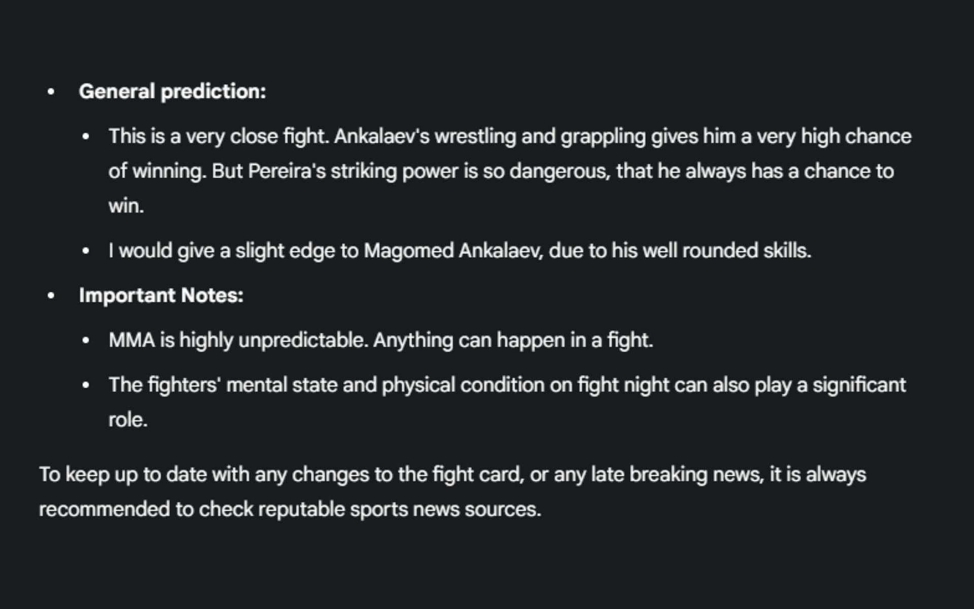 Screenshot of Google&#039;s AI prediction for Alex Pereira vs. Magomed Ankalaev, which would headline UFC 313