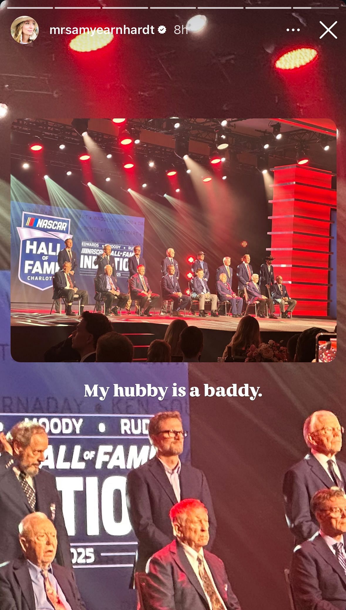 Amy Earnhardt&#039;s instagram story featuring her husband Dale Earnhardt Jr. at the HOF Ceremony - Image via Instagram/@mrsamyearnhardt