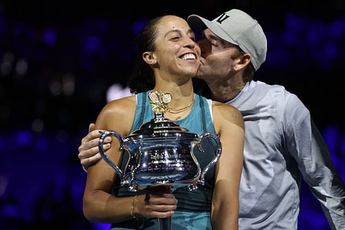 Madison Keys celebrates winning the Australian Open 2025 with her coach and husband Bjorn Fratangelo. Source: Getty