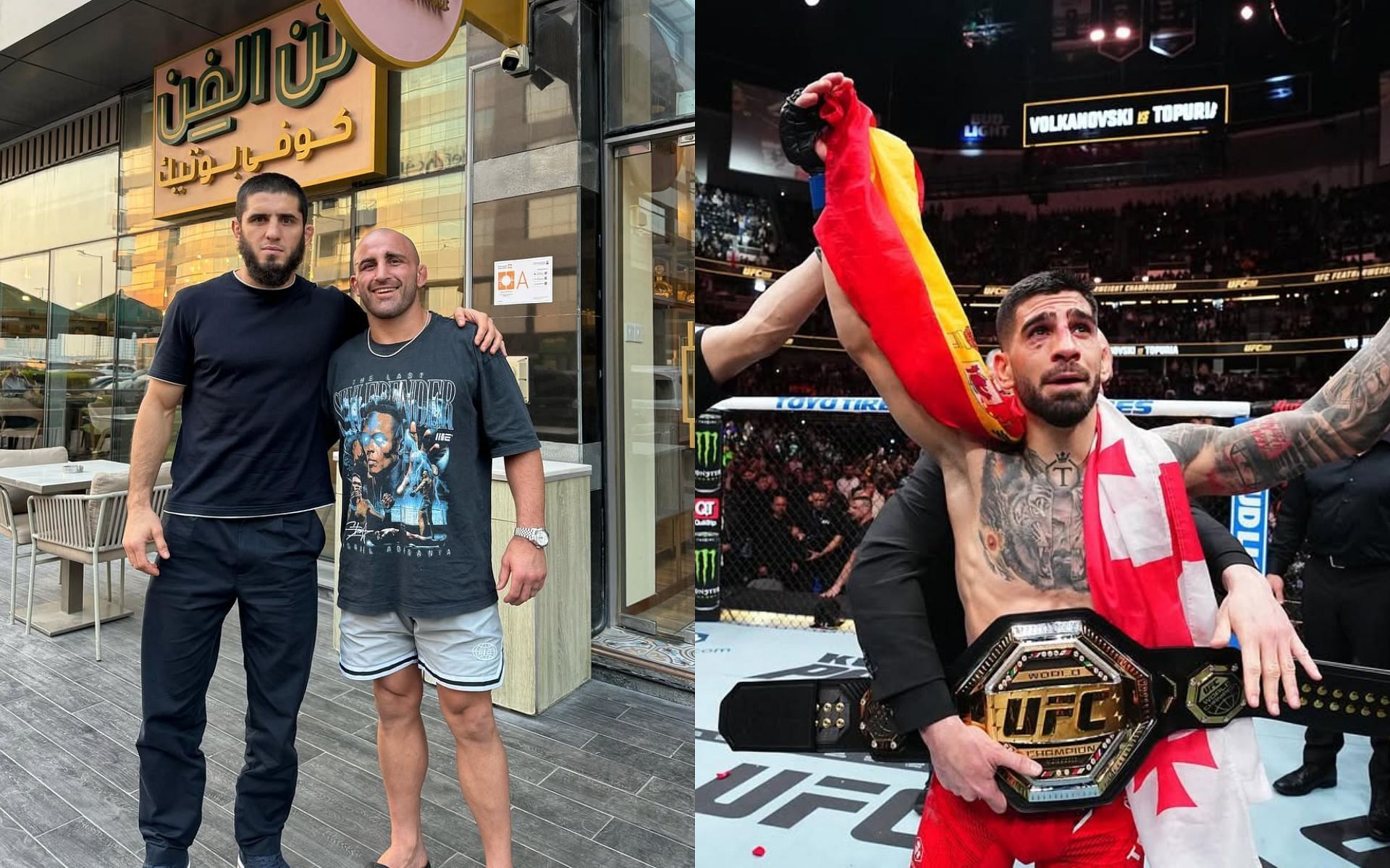 Alexander Volkanovski (center) talks about a potential fight between Ilia Topuria (right) and Islam Makhachev (left). [Images courtesy: @alexvolkanovski and @iliatopuria on Instagram]