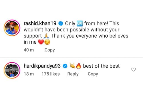 Hardik Pandya reacts as Rashid Khan breaks major T20 record (Image via Instagram-@rashid.khan19)