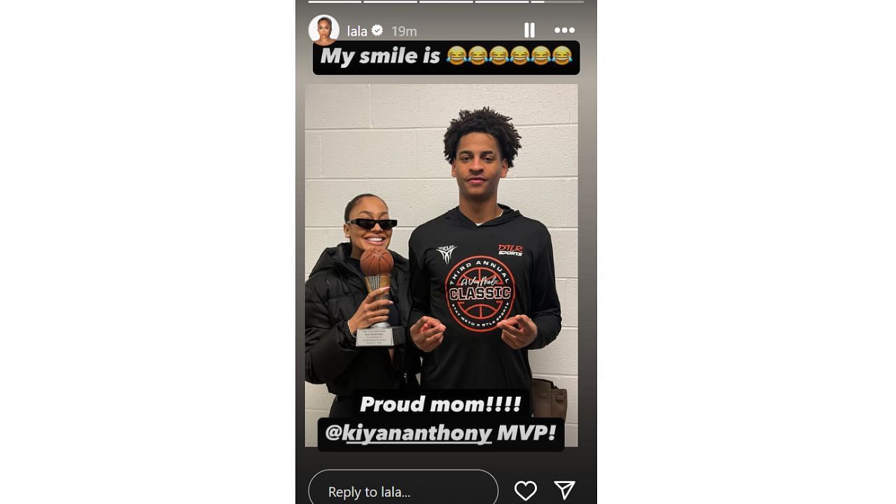 La La Anthony proudly poses for a photo with her son, Kiyan Anthony, who was named the Hoophall Classic MVP. [photo: @lala/IG]