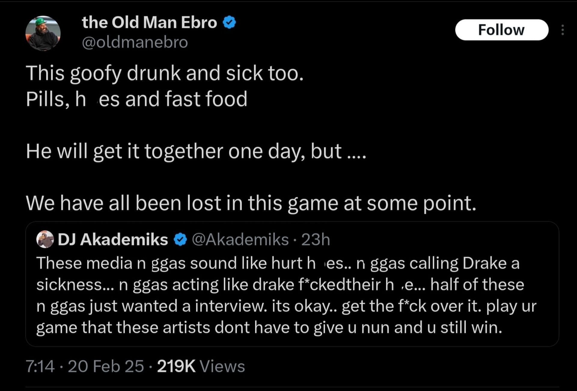 Ebro Darden respond to DJ Akademiks (Image via X/@oldmanebro)