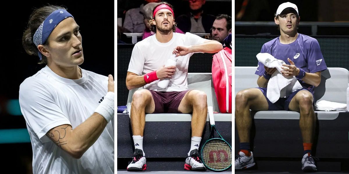 Mattia Bellucci (L); Stefanos Tsitsipas (center); Alex de Minaur (R) - Image Source: Getty