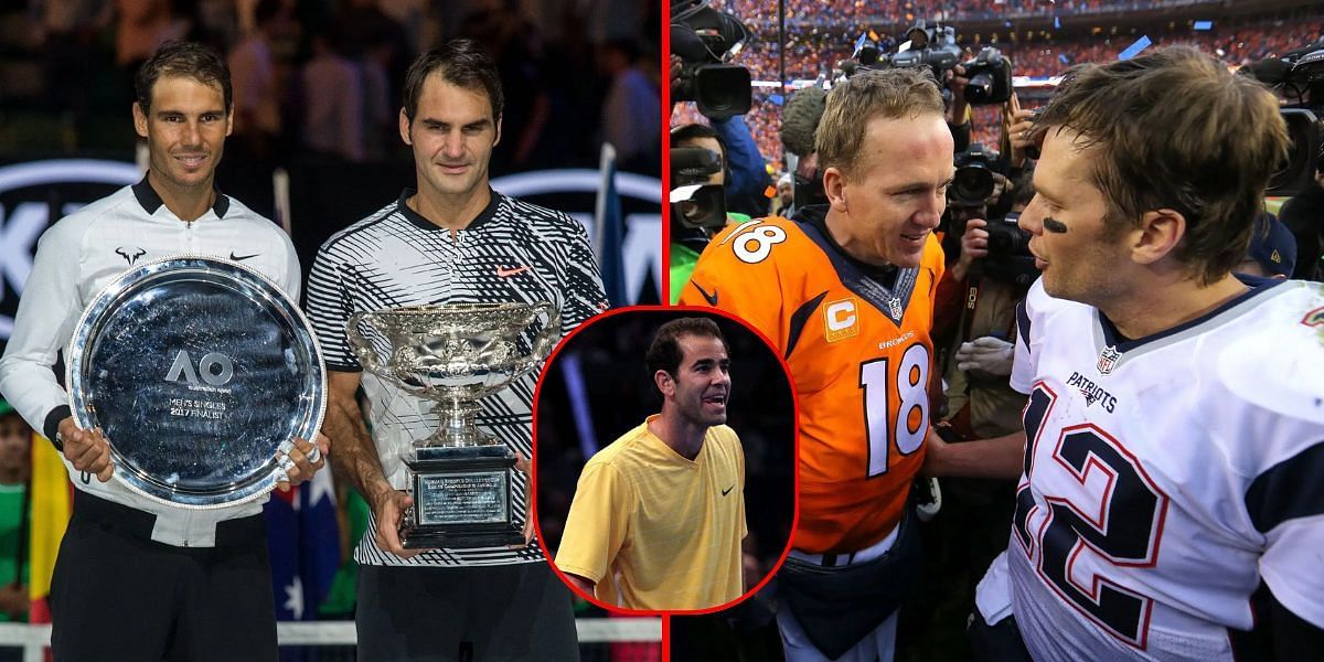 Rafael Nadal &amp; Roger Federer (L), Pete Sampras (inset) Peyton Manning and Tom Brady (R) | Getty