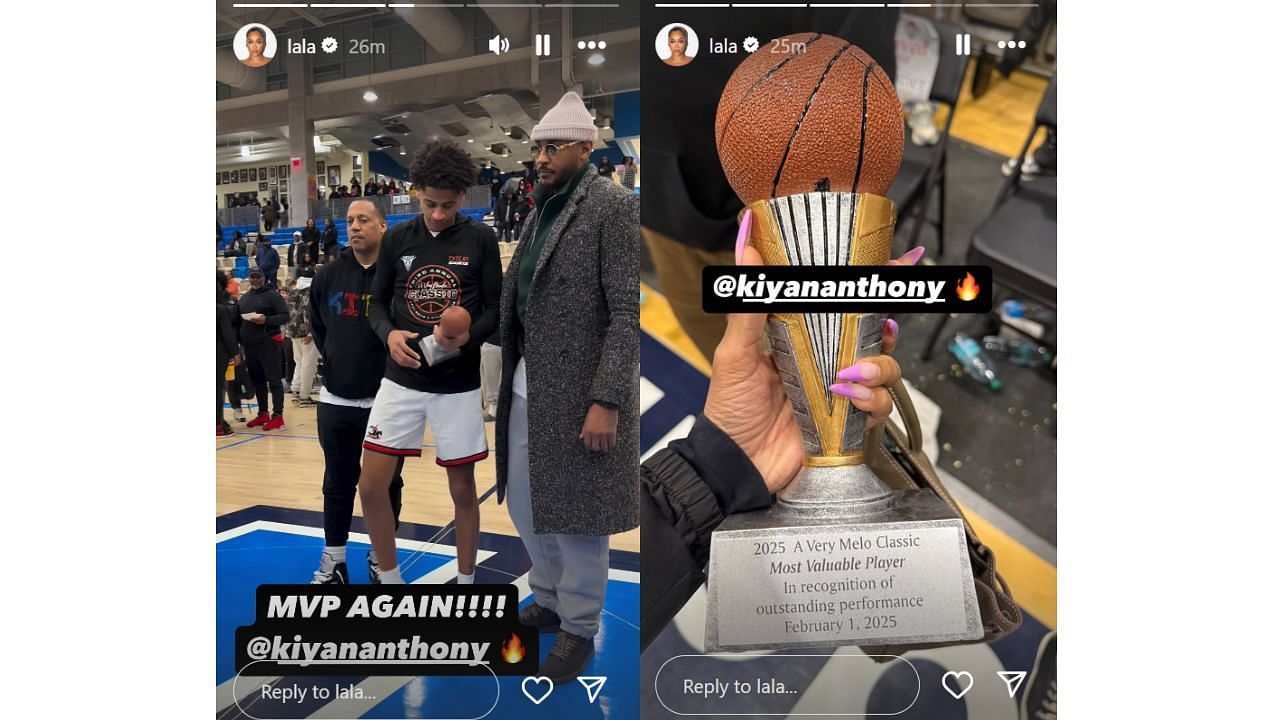 Carmelo Anthony during the MVP trophy presentation with his son Kiyan Anthony and La La Anthony showing off the trophy on Instagram. [photo: @lala/IG]