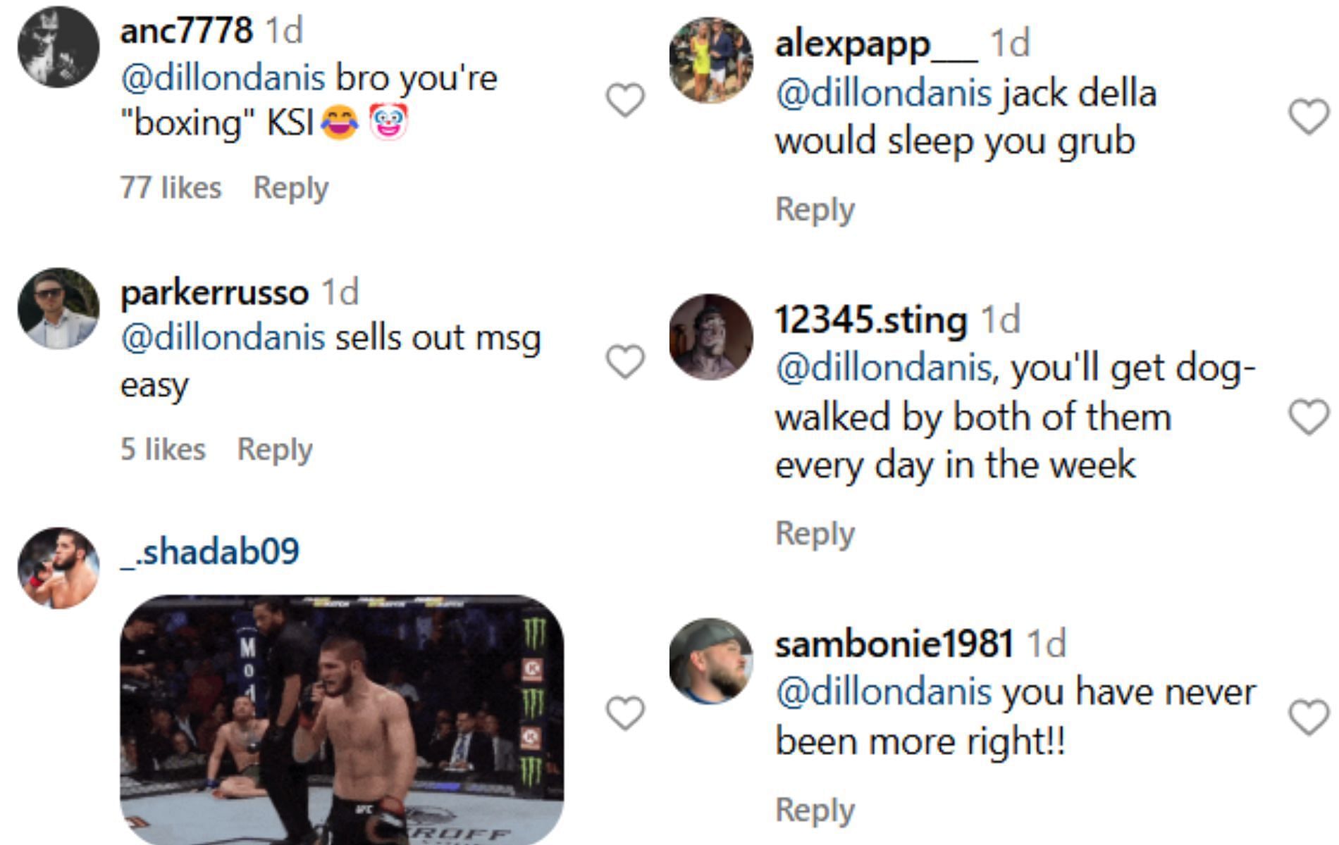 Fans&#039; replies to Dillon Danis&#039; comment on @espnmma&#039;s Instagram post. [Image courtesy: @espnmma on Instagram]