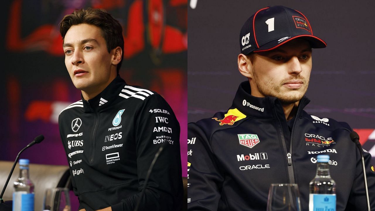 George Russell and Max Verstappen at the Press Conference ahead of F1 75 [images via Getty]