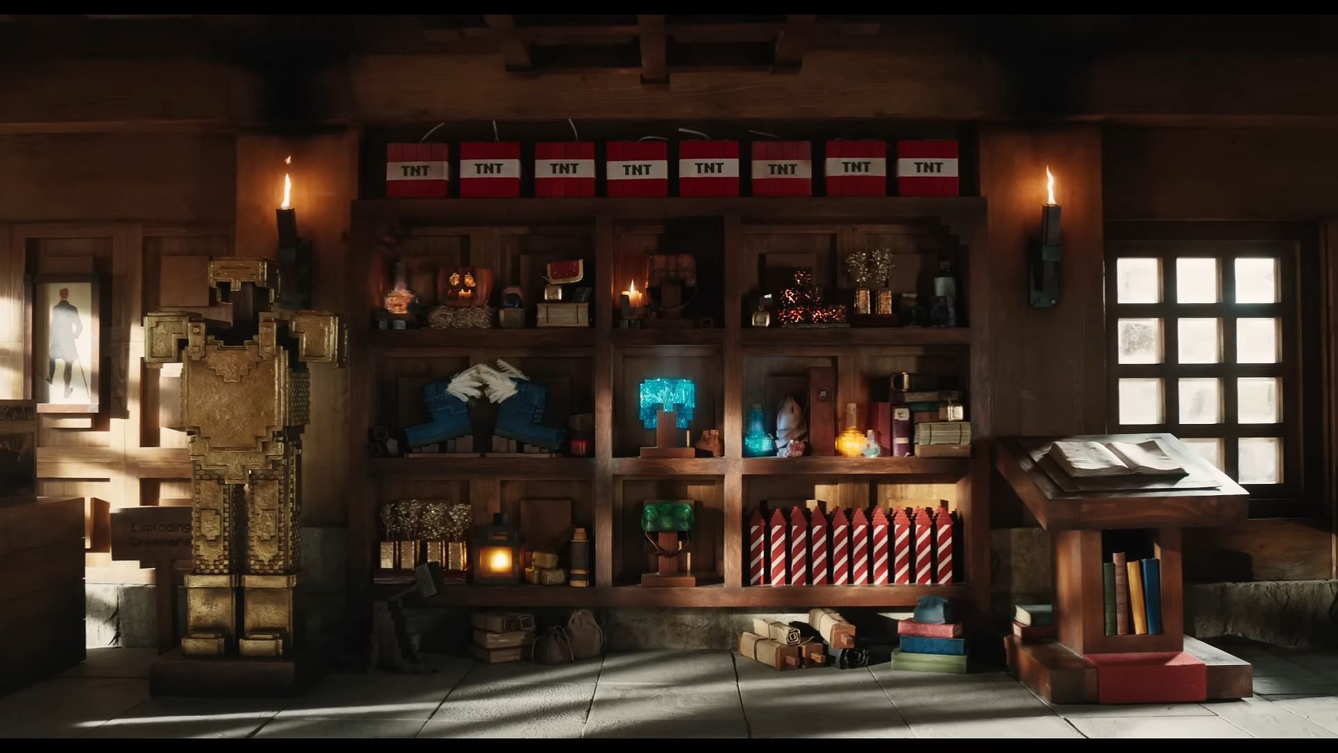 This section of A Minecraft Movie NBA All-Star trailer depicts a host of items and objects from the game (Image via Warner Bros. Pictures)