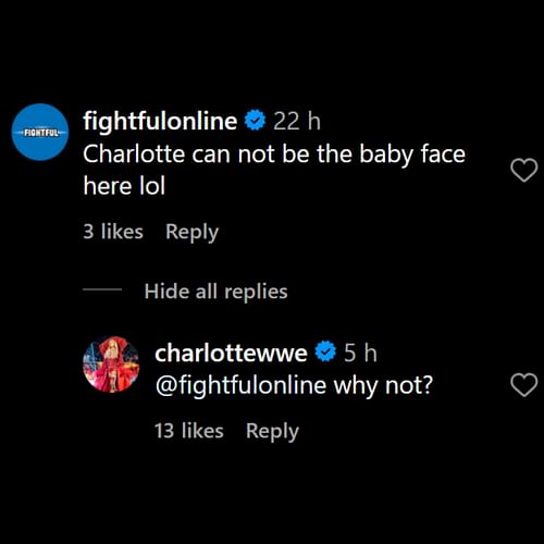 Charlotte shares a tease [Photo Credits: Comments on WWE's Instagram post]