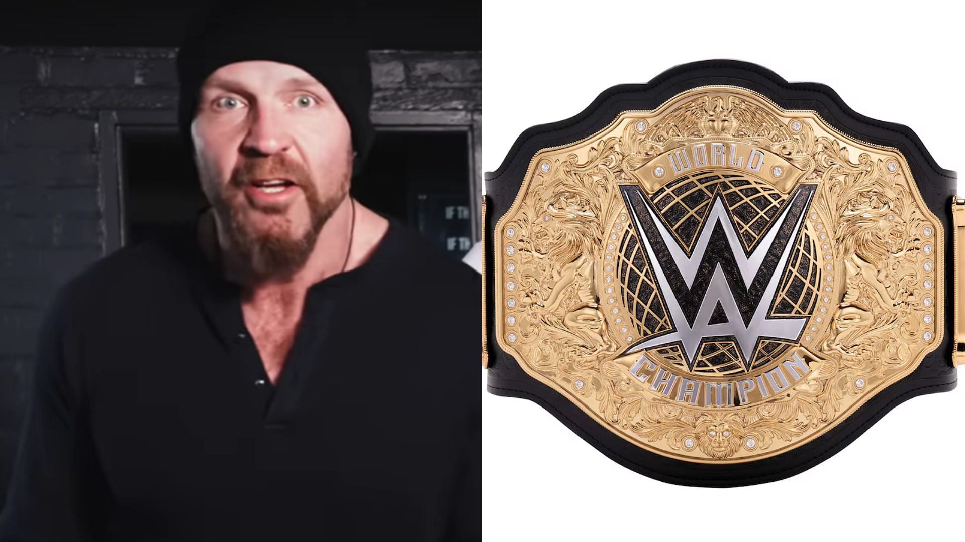 Jon Moxley (left) and WWE World Title (right). (Image credits: AEW YouTube channel &amp; wweshop.com