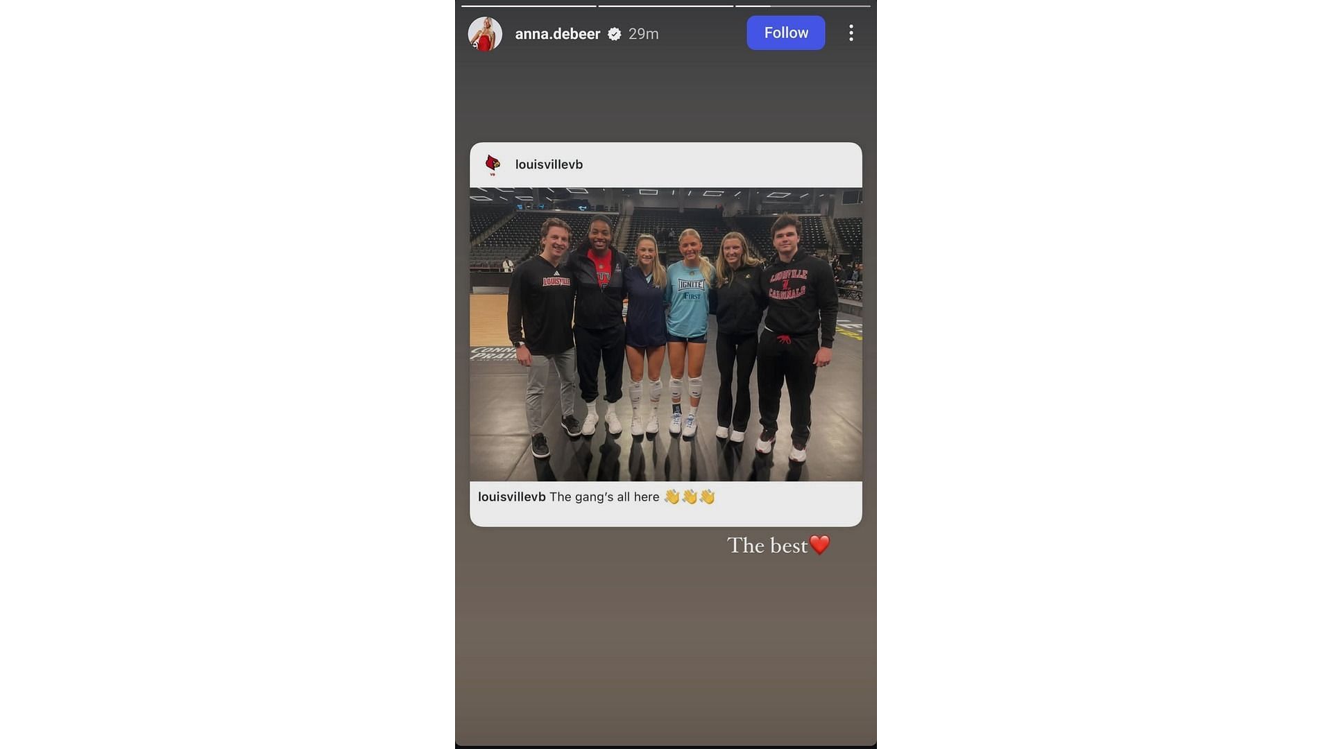 Screenshot of DeBeeer&#039;s Instagram story feat her former Louisville teammates (Image via: anna.debeer Instagram)