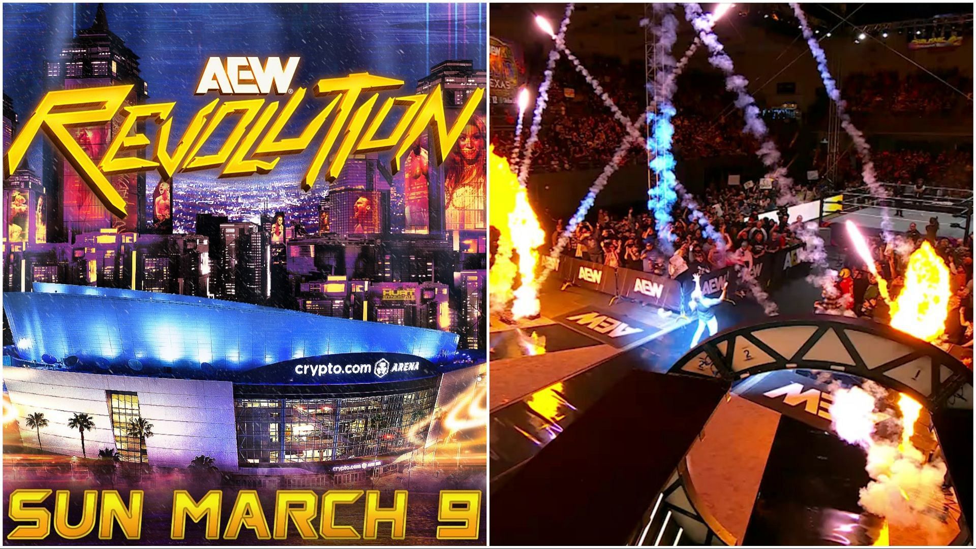 AEW Revolution 2025 PPV poster, AEW fans cheer at Dynamite