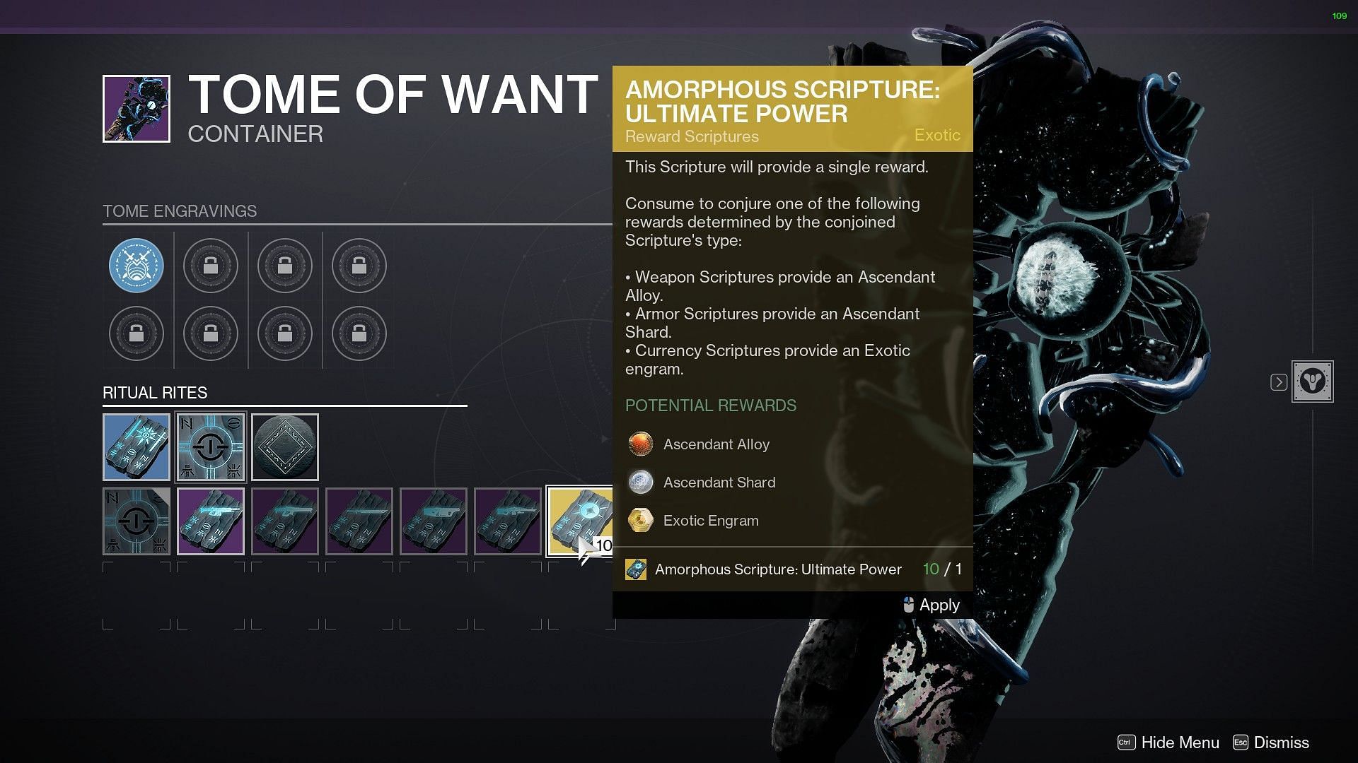 Tome of Want Scripture for upgrade materials in Destiny 2 (Image via Bungie)