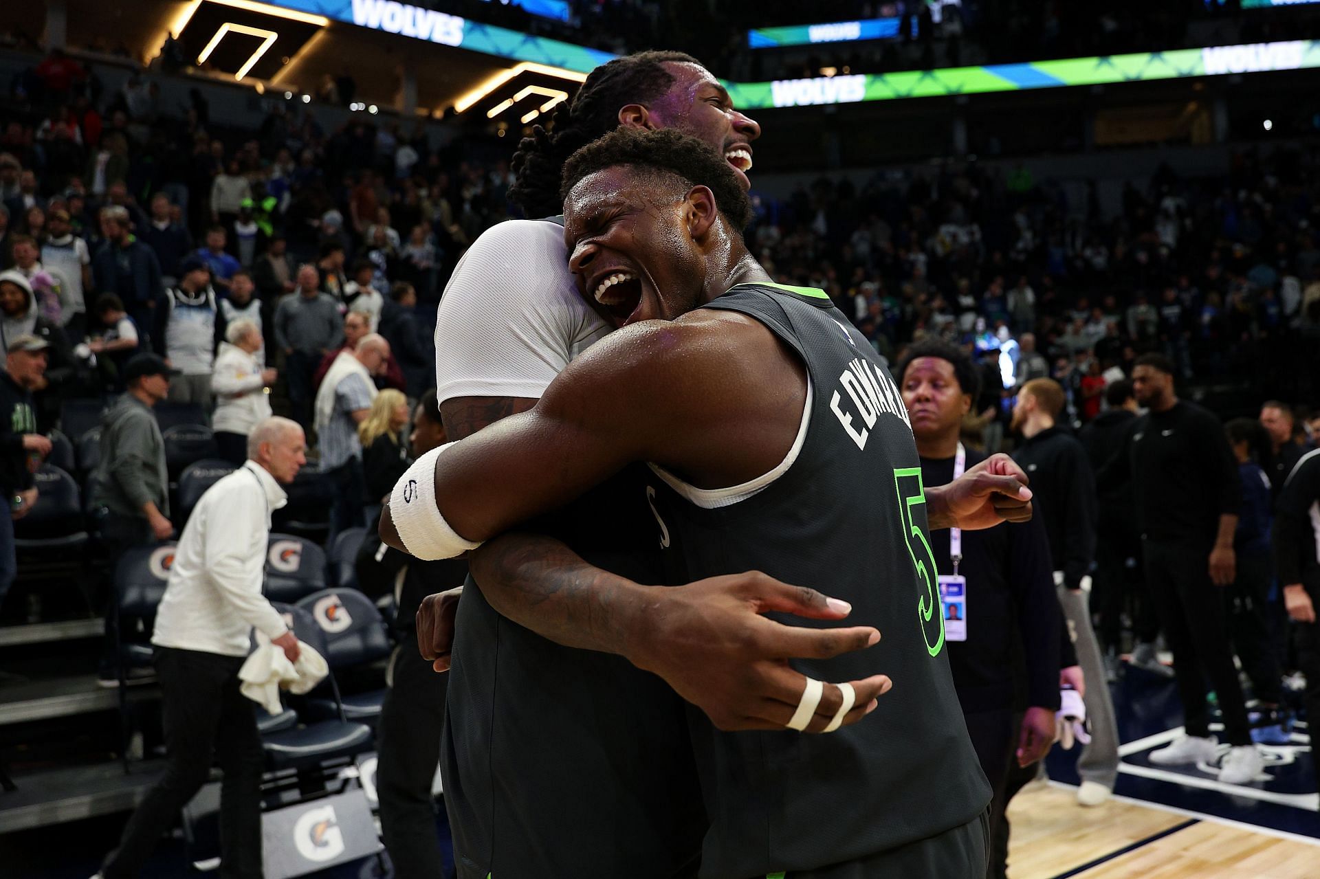 Naz Reid and Anthony Edwards celebrating a recent win against the Houston Rockets - Source: Getty