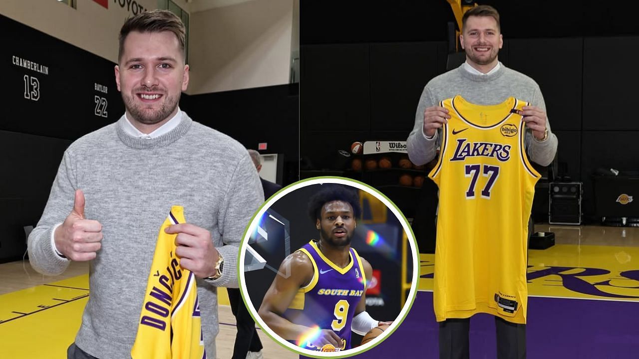 Fans react to Luka Doncic smiling at Bronny James who seemingly went back and forth with a fan inside Intuit Dome. [photo: @lakers/IG, @nbagleague/IG]