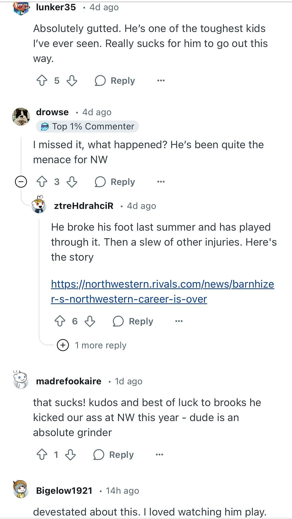 Reddit users comment on Brooks Barnhizer&#039;s season being cut short by injury.