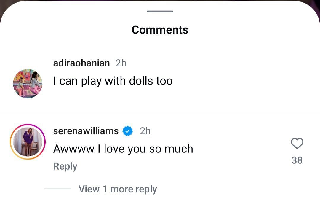 Williams&#039; comment on daughter Adira&#039;s first-ever reel on Instagram (Source: Instagram/adiraohanian)