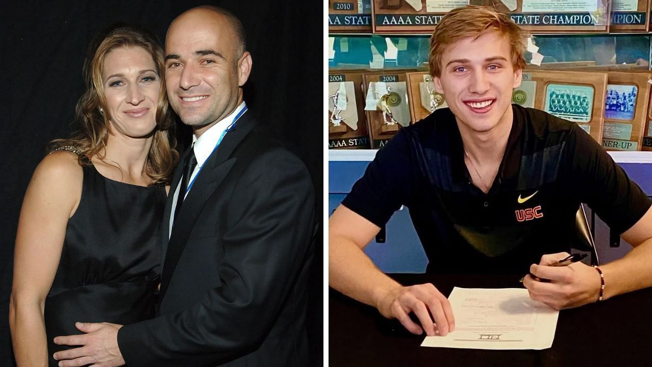 Andre Agassi along with Steffi Graf (L) and their son Jaden (R) - Getty and Instagram