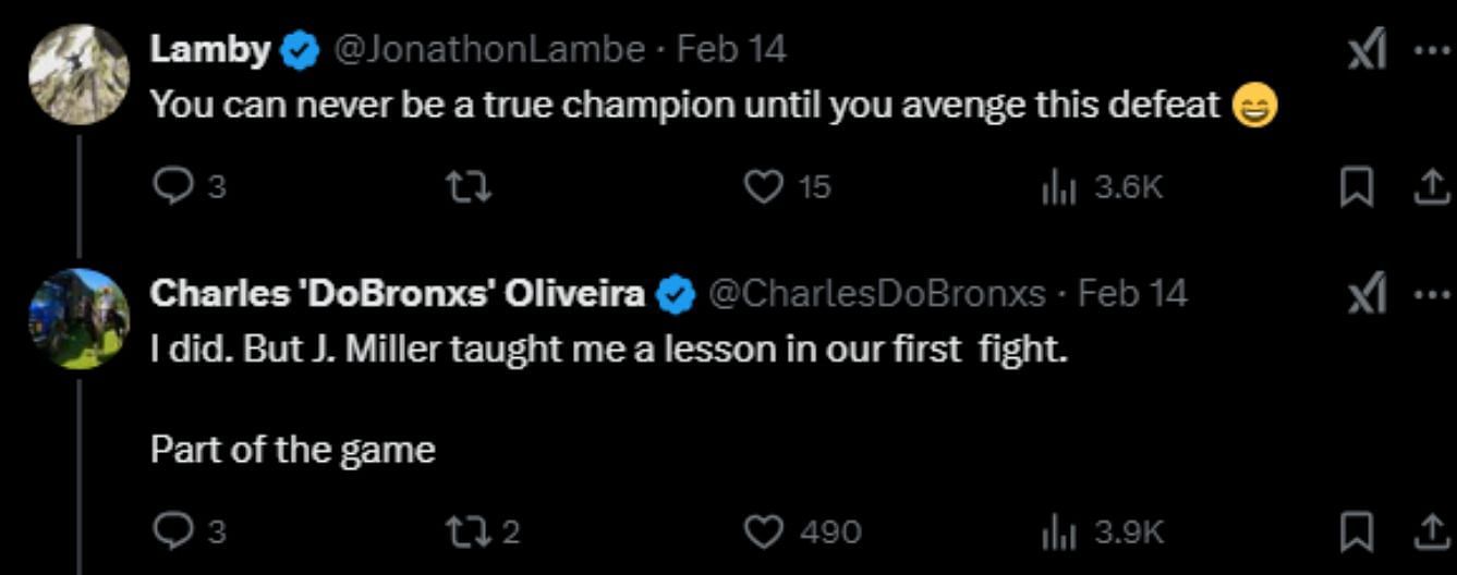 The fan&#039;s comment and Charles Oliveira&#039;s reply [Screenshot courtesy: @UFC_CA on X]