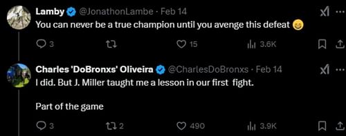 The fan's comment and Charles Oliveira's reply [Screenshot courtesy: @UFC_CA on X]