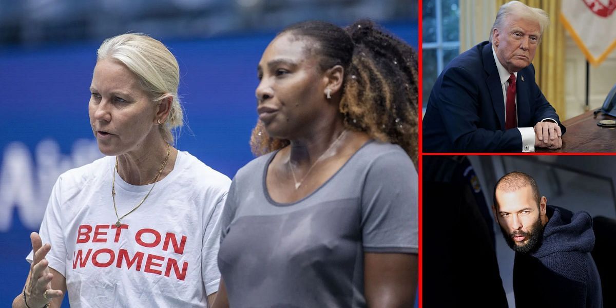 Serena Williams with her ex-coach Rennae Stubbs (L) Donald Trump (top right) Andrew Tate (bottom right) | Getty