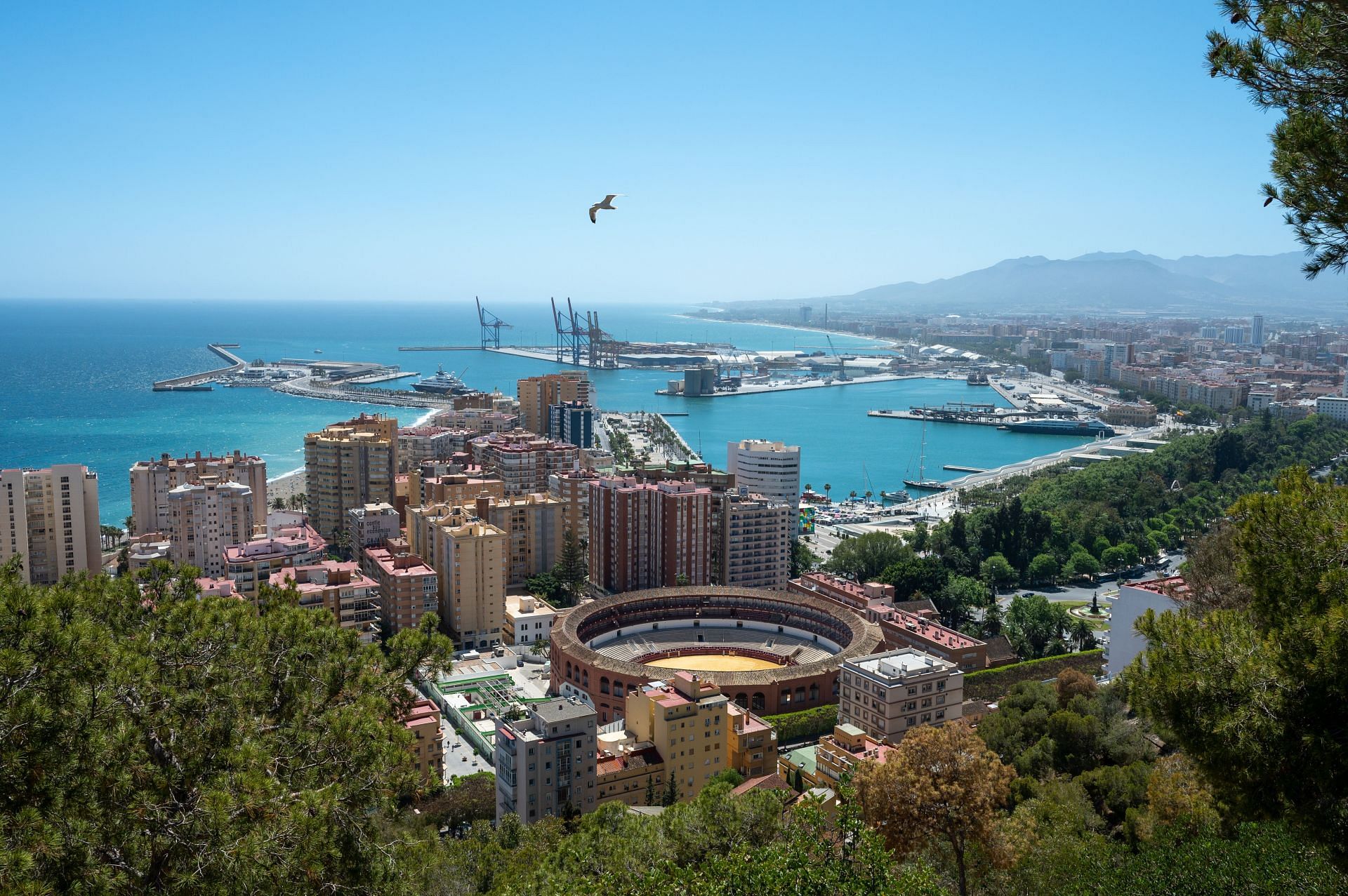 A general view looking down at La Malagueta Bullring (Plaza de Toros La Malagueta), Port of Malaga (Puerto de M&aacute;laga), Palmeral de Las Sorpresas (Photo by John Keeble/Getty Images)