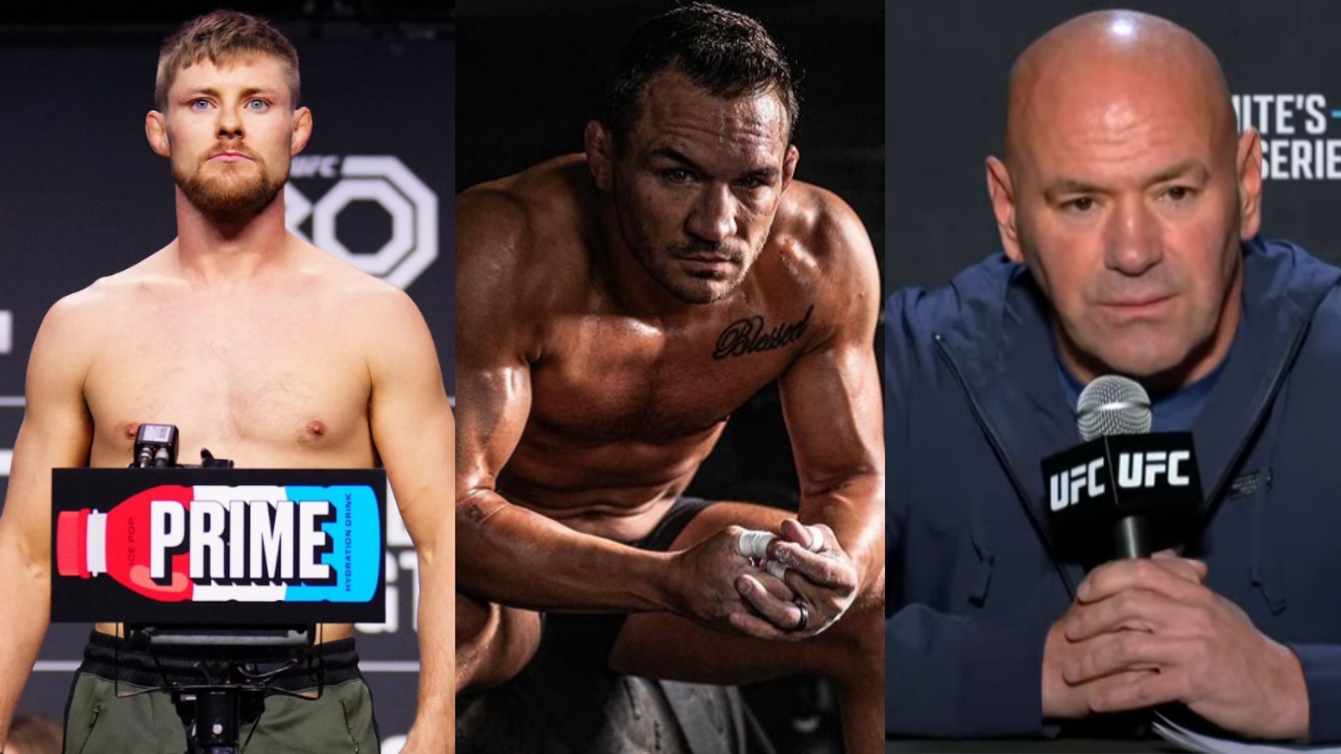 Bryce Mitchell (left), Michael Chandler (center), Dana White (right) [Images courtesy of @thugnasty on X, @mikechandlermma on Instagram &amp; UFC on YouTube]