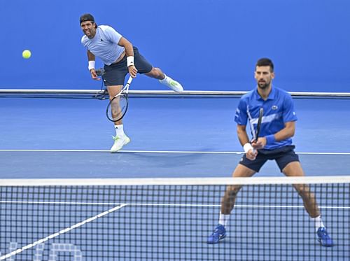 Novak Djokovic and Fernando Verdasco during their doubles round of 16 match against Alexander Bublik and Karen Khachanov at the ATP Qatar ExxonMobil Open 2025 - Source: Getty