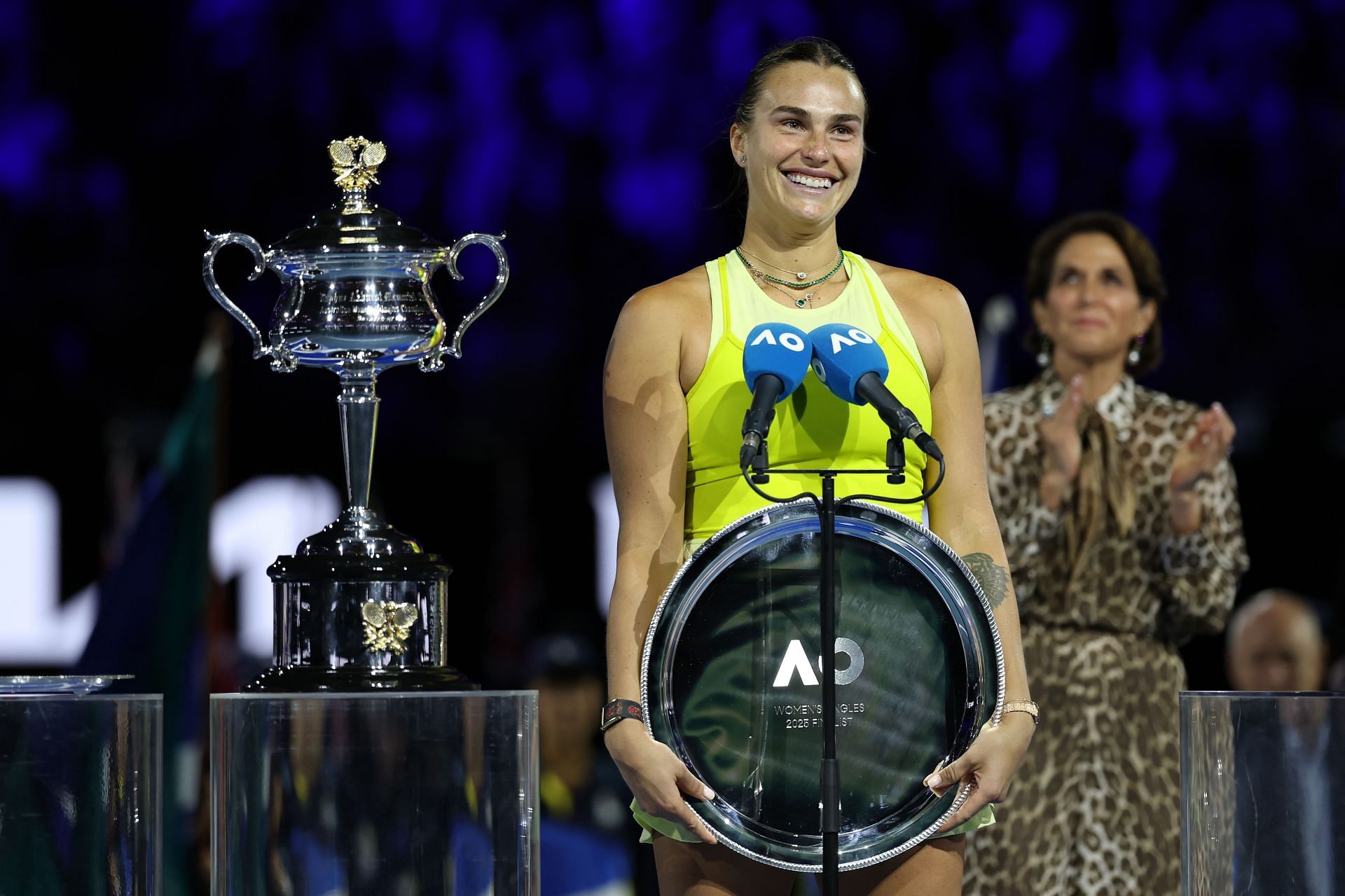 Aryna Sabalenka poses with the 2025 Australian Open runners-up trophy. Source: Getty