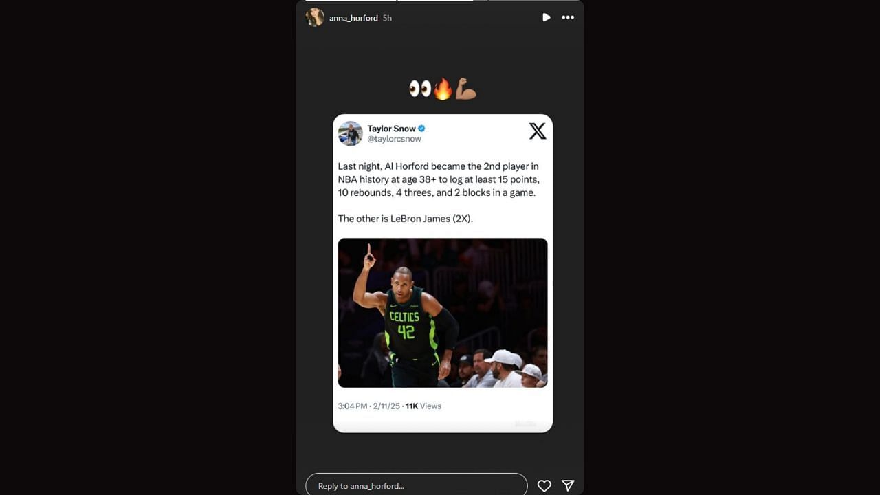 Anna Horford reacts to her Al Horford matching LBJ&#039;s record. (Credits: @anna_horford/Instagram)