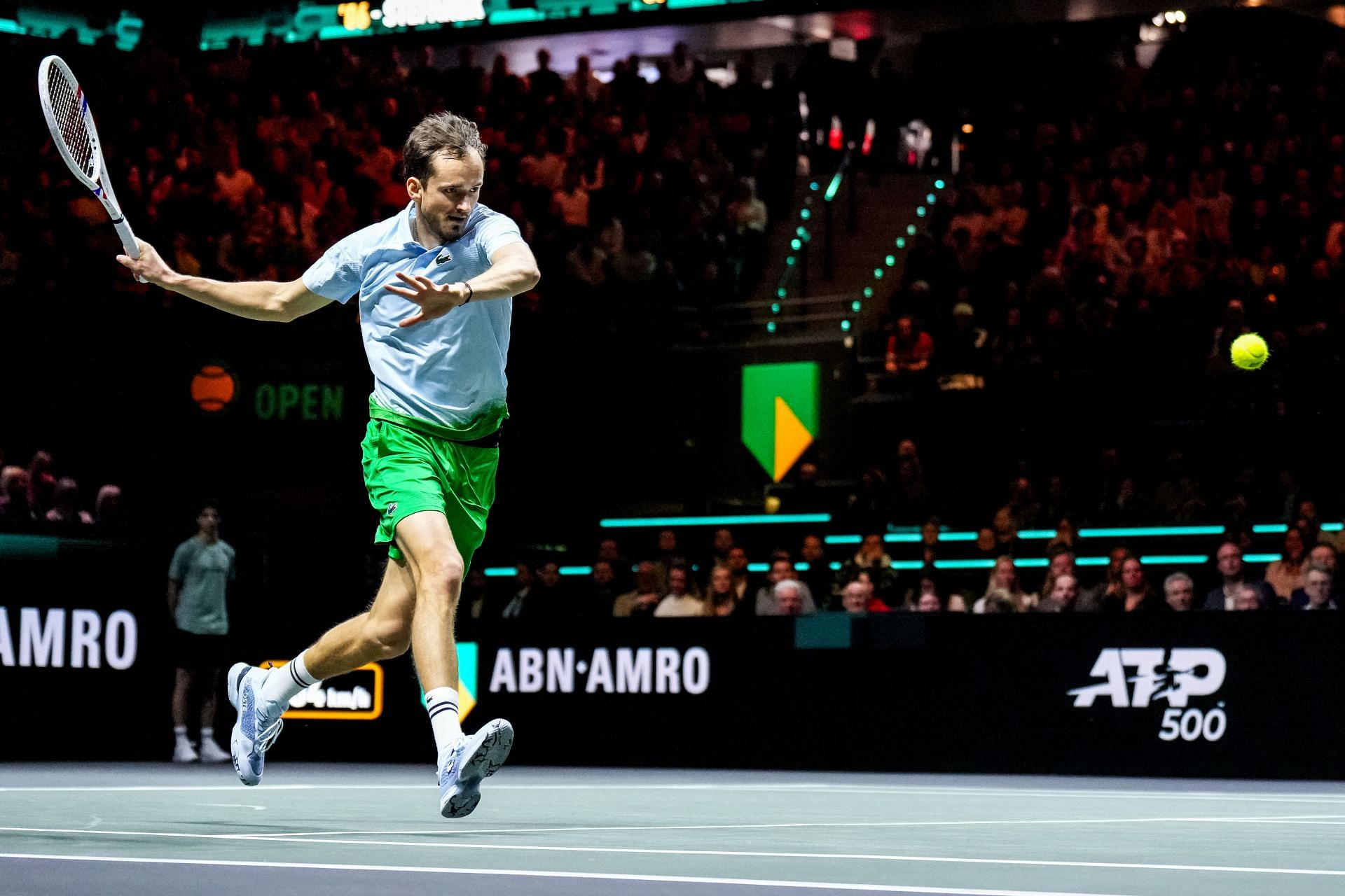 Medvedev plays a running forehand in the ABN AMRO Open - Source: Getty