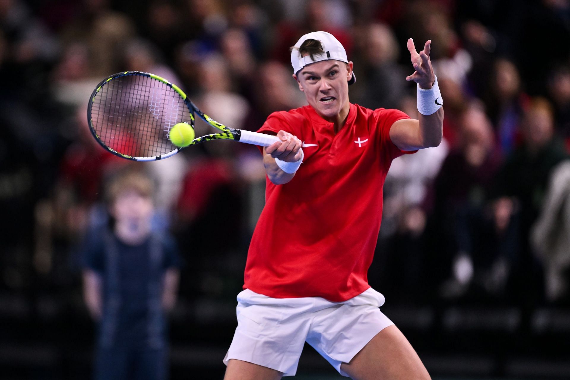 Holger Rune in action in the Davis Cup tie against Serbia- Source: Getty