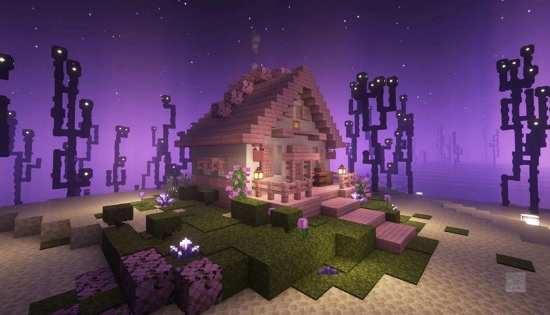 The cozy cottage in End dimension in Minecraft (Image via Reddit/bunniestream || Mojang Studios)