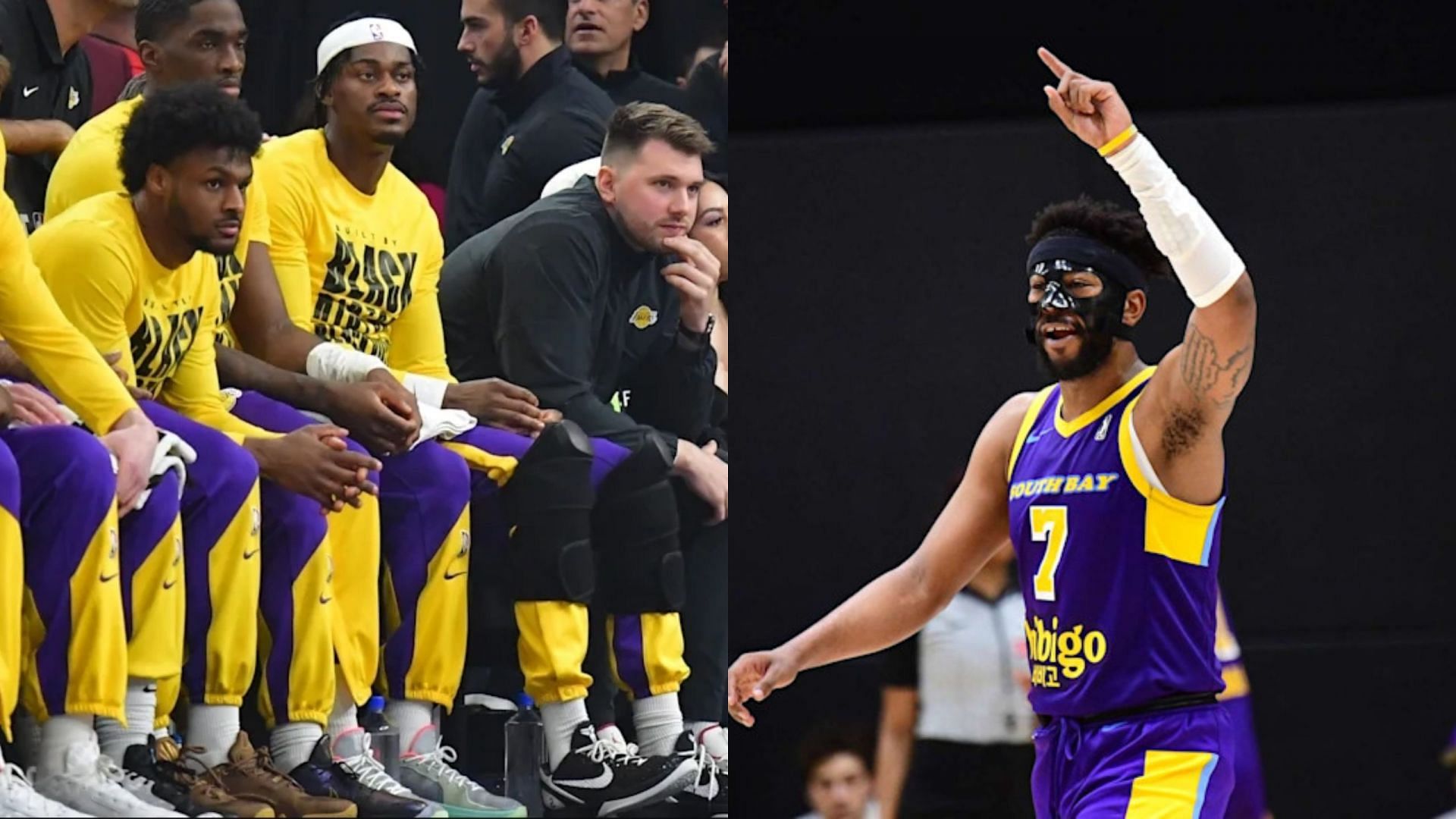 Bronny James and Luka Doncic (left) on the Lakers bench and Jordan Goodwin (right) playing in the G League - Source: Getty/Imagn Images