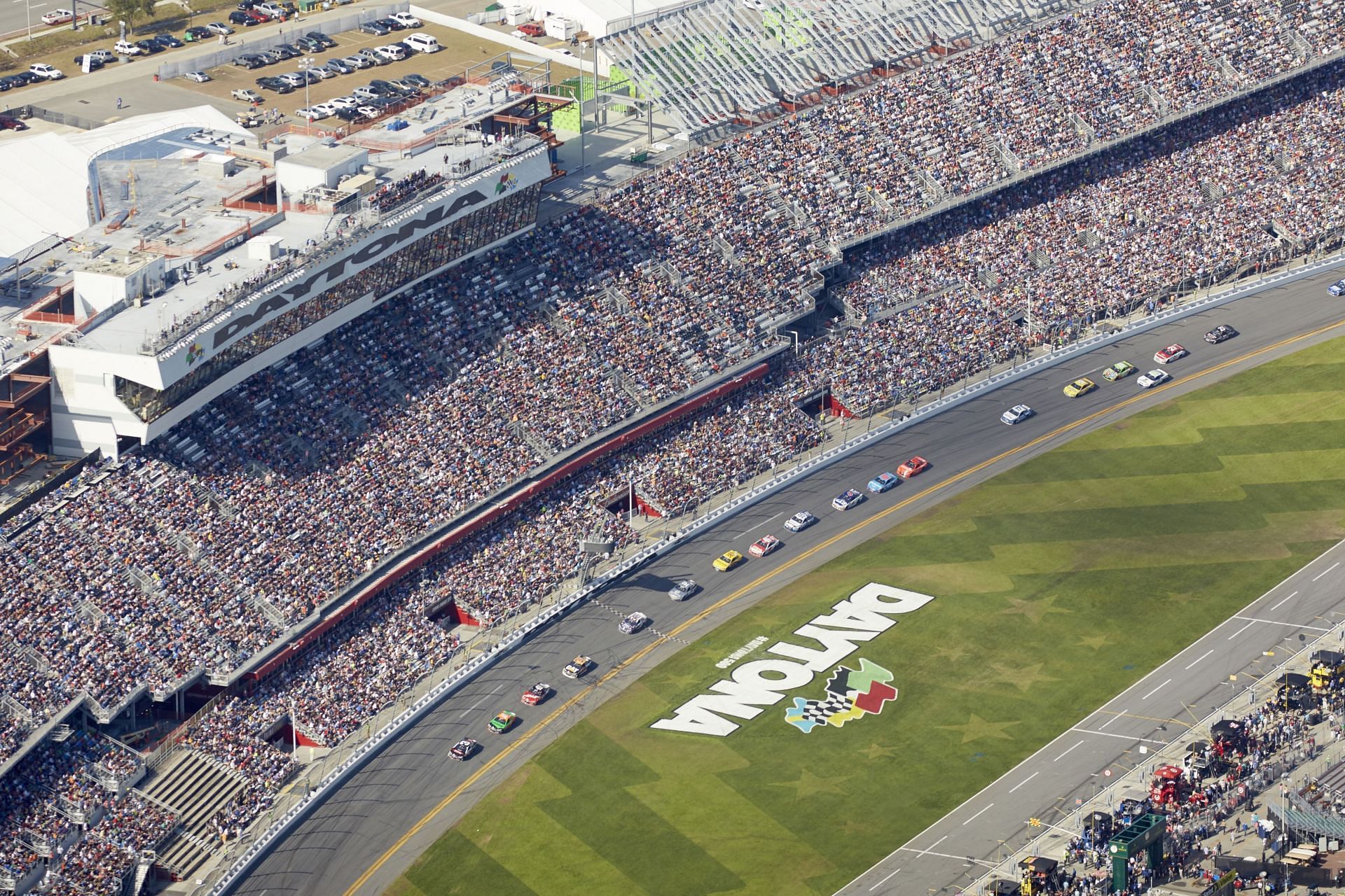 Aerial view of action on track taken from Goodyear blimp above Daytona International Speedway during the NASCA Cup Series Daytona 500 - Source: Getty