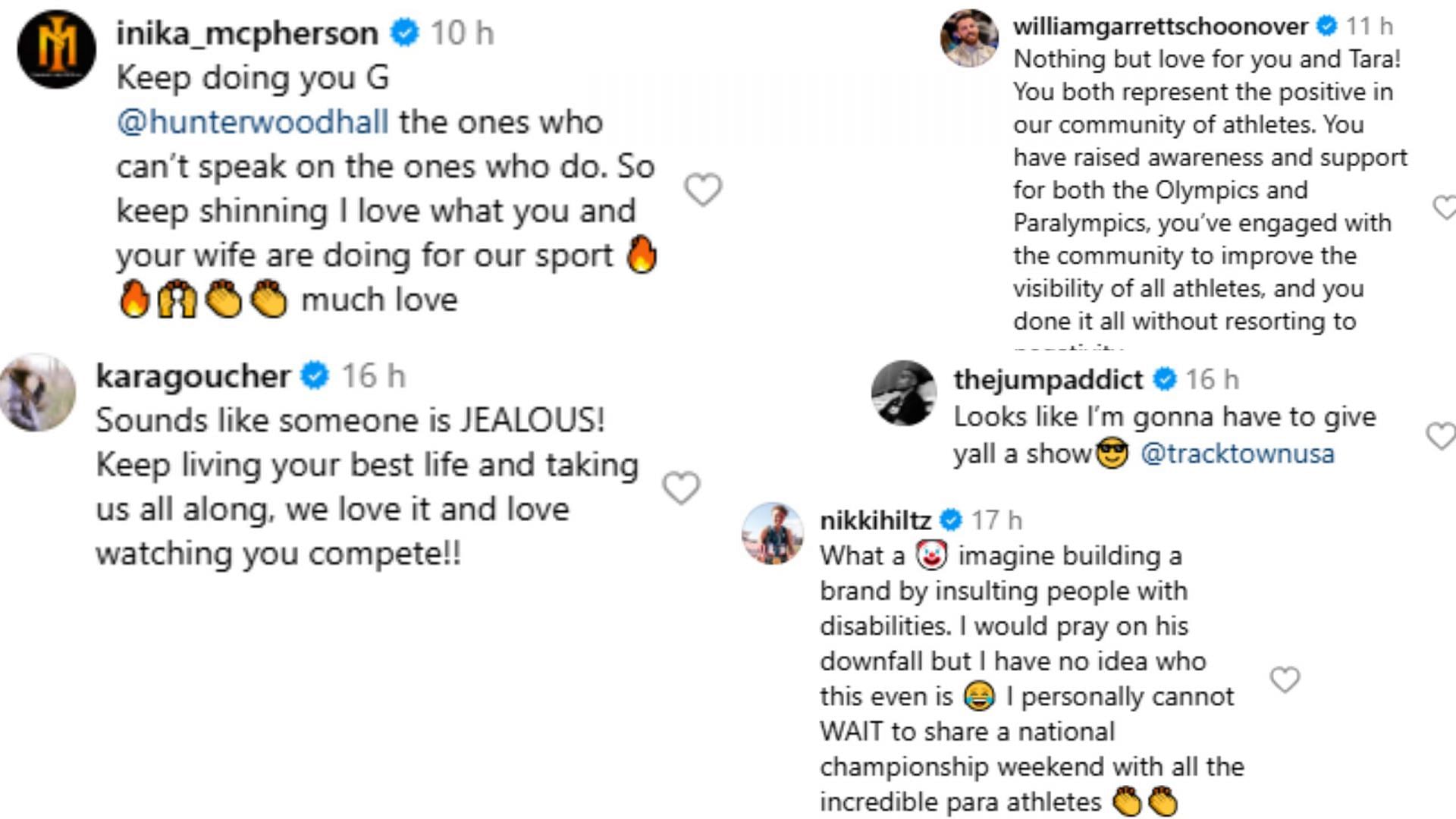 Screenshot of support from Olympians and Paralympians in the comment section [Image Source: Hunter Woodhall&#039;s Instagram]