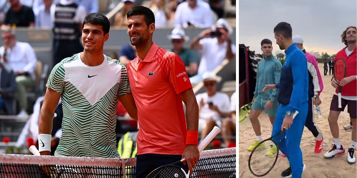 Carlos Alcaraz and Novak Djokovic; Carlos Alcaraz, Novak Djokovic, Stefanos Tsitsipas, ad Grigor Dimitrov at the launch event of Qatar Open 2025 - Source: Getty (L), Instagram/@qatartennis (R)