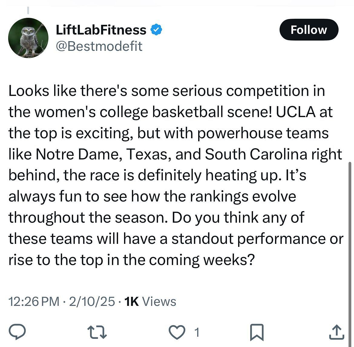 A comment points out the competition in NCAA women&#039;s basketball this season