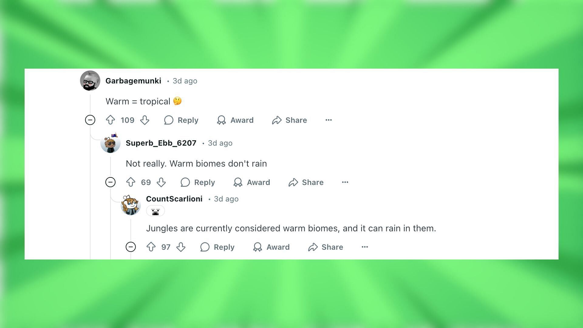 Players discuss the difference between warm and tropical in Minecraft (Image via Reddit/Serendipitous_Quai)