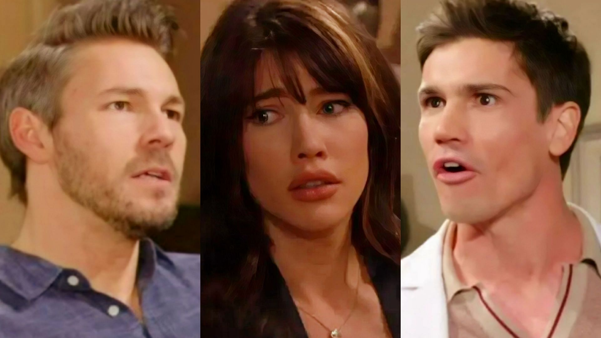 Liam Spencer, Steffy Forrester and Finn Finnegan in stills from The Bold and the Beautiful (Images via CBS)