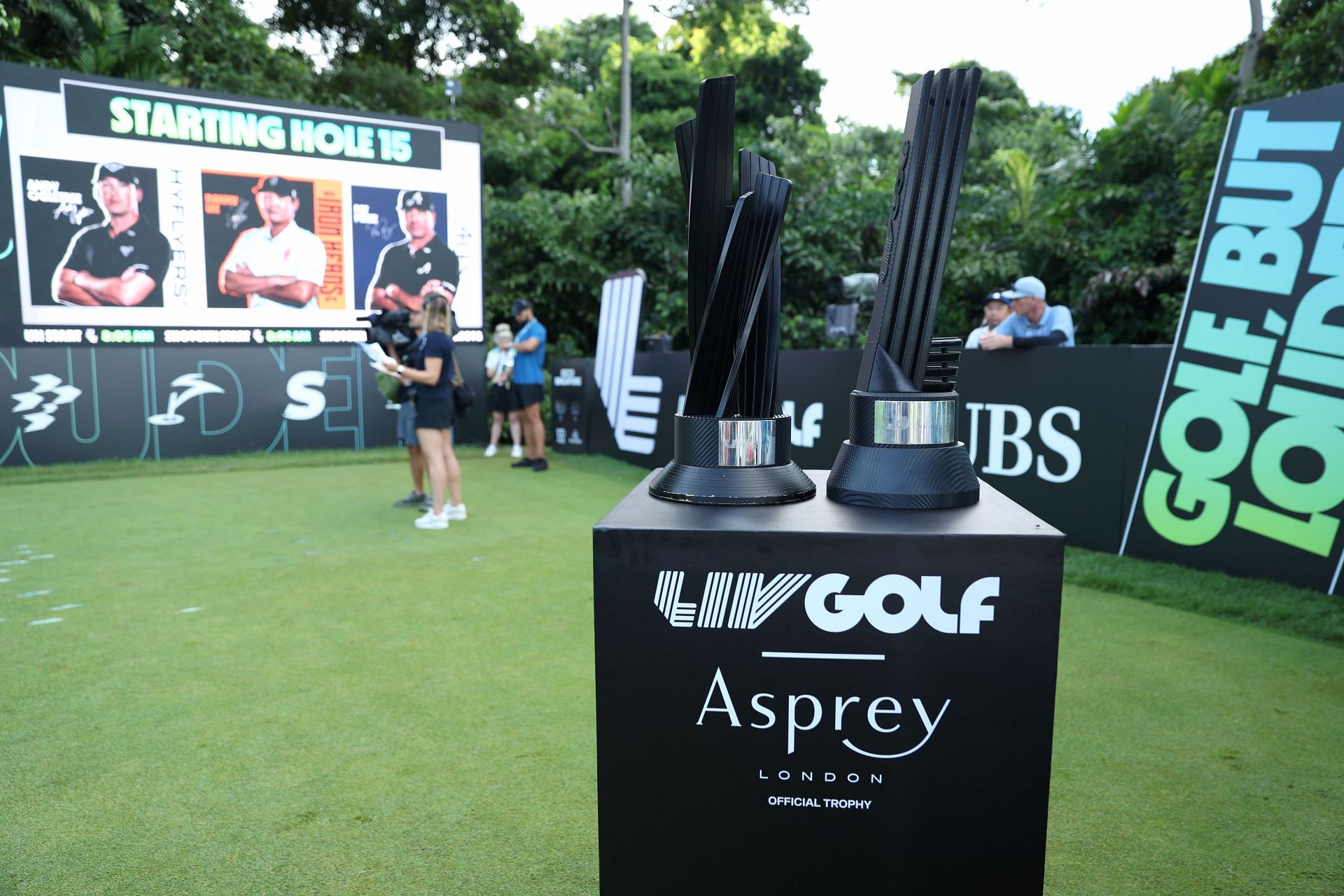 LIV Golf trophies, Individual and team (Image via Getty).