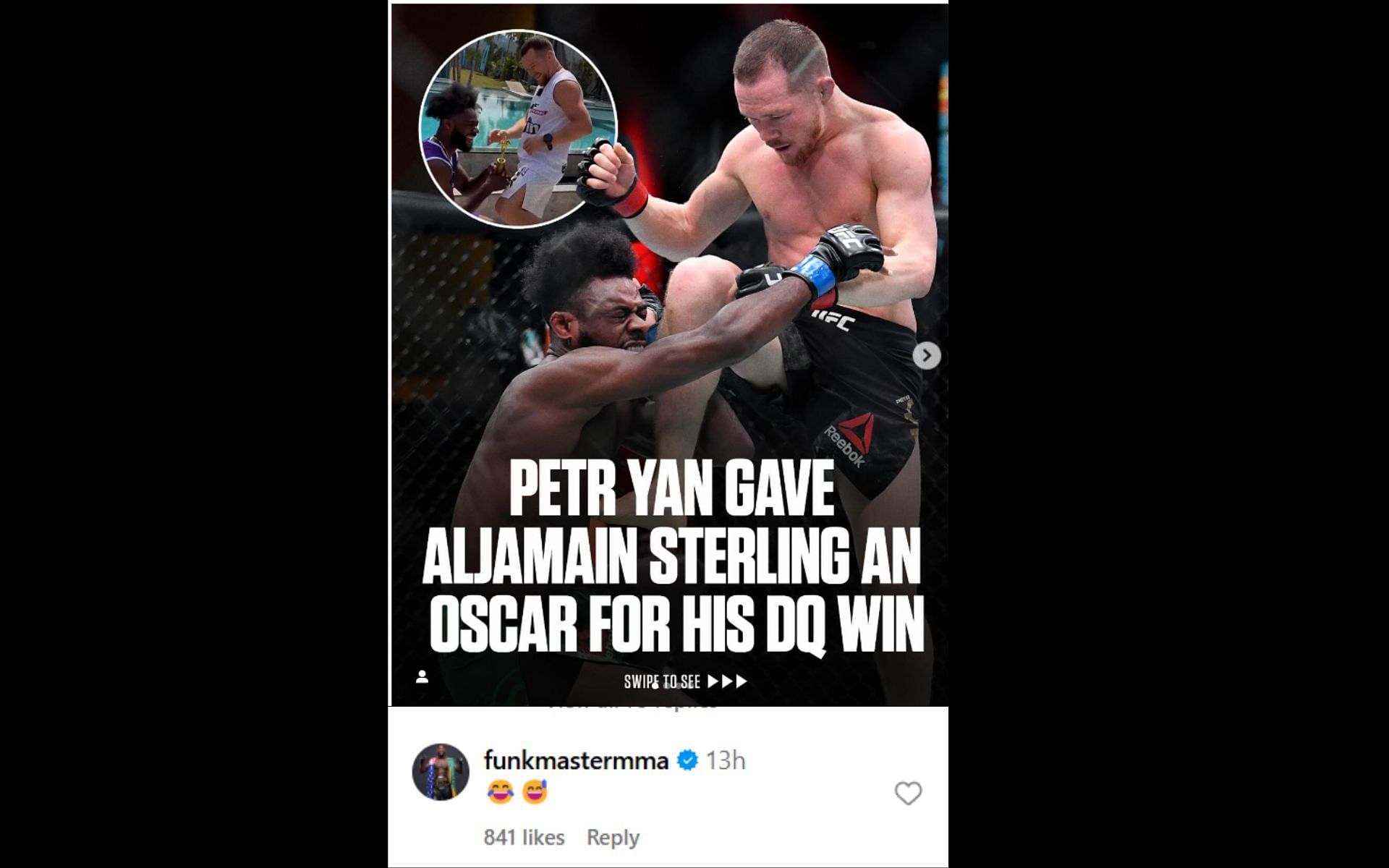 Screenshot of Sterling&#039;s reaction to Yan giving him an Oscar [Image courtesy: @espnmma on Instagram]